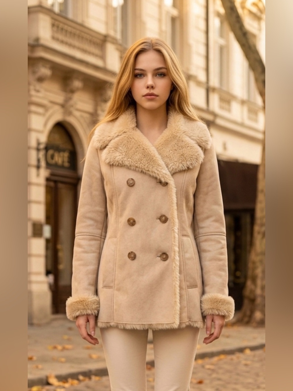 Tommy Hilfiger Beige Faux Fur-Trim Double-Breasted Coat